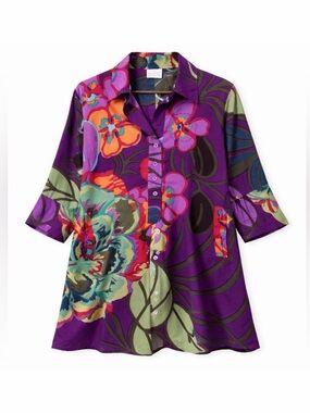 Soft Surroundings Womens Cotton Floral 3/4 Sleeve Tunic Medium Colorful Tropical